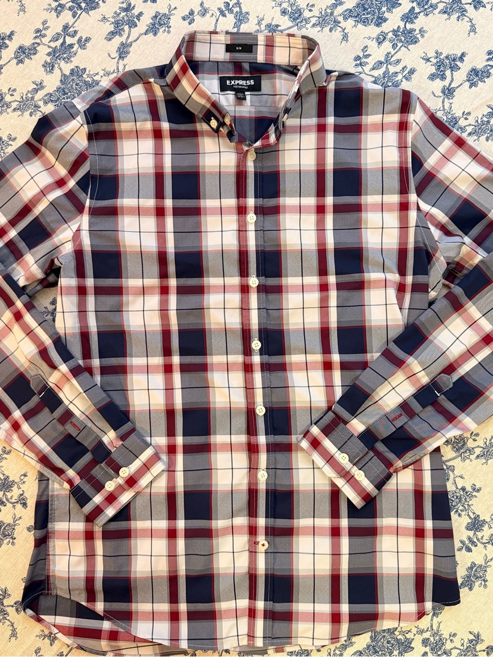Express Men's Plaid Button-Down Shirt - Navy, Red, White